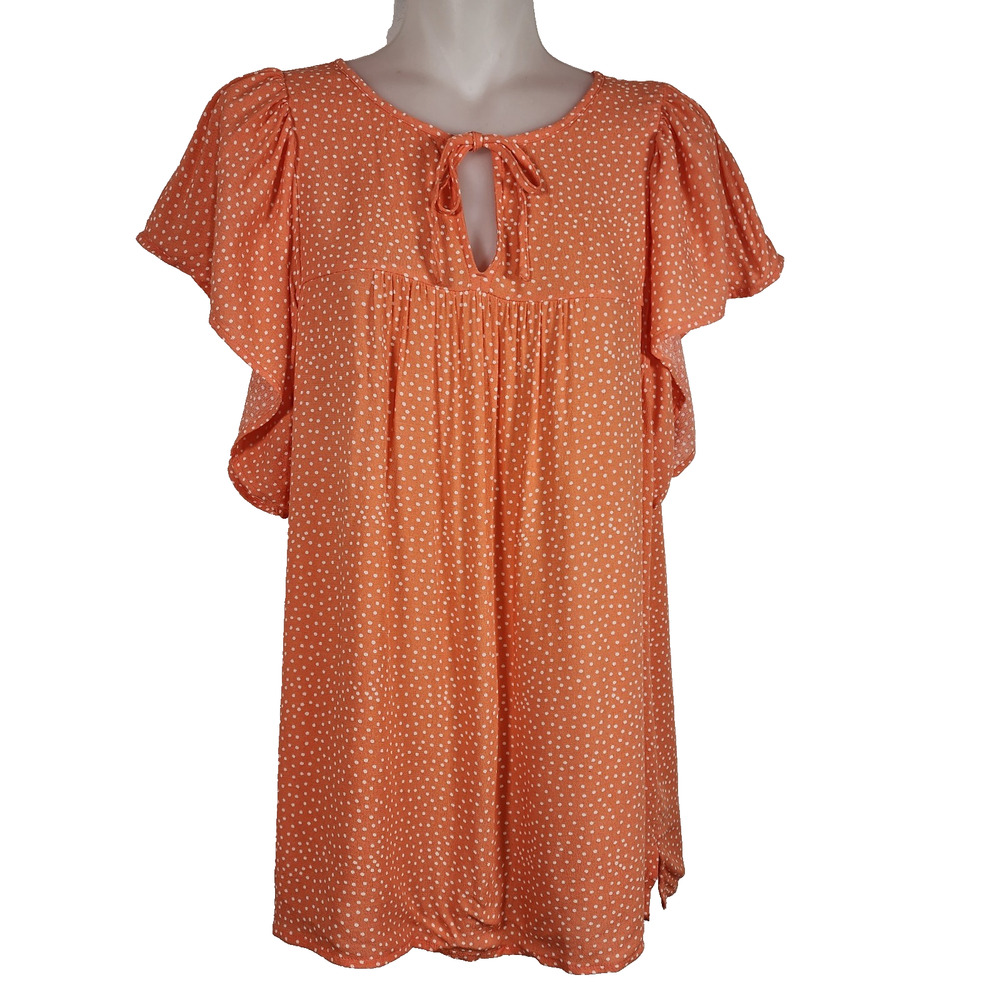 Ann Taylor LOFT Women Orange Polka Dot Top Size M Short Flutter Sleeves Tie Neck